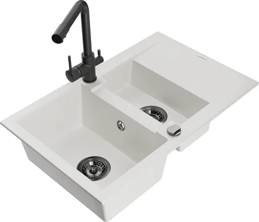 MEXEN/S MEXEN/S - Gaspar granitový drez 1.5 s odkvapkávačom vrátane batérie Duero, biela 6507-20-671600-70