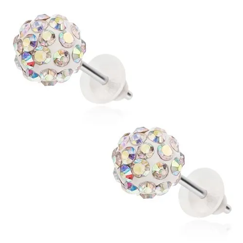 Oceľové náušnice Shamballa - biele guličky, zirkóniky s dúhovým odleskom, 8 mm