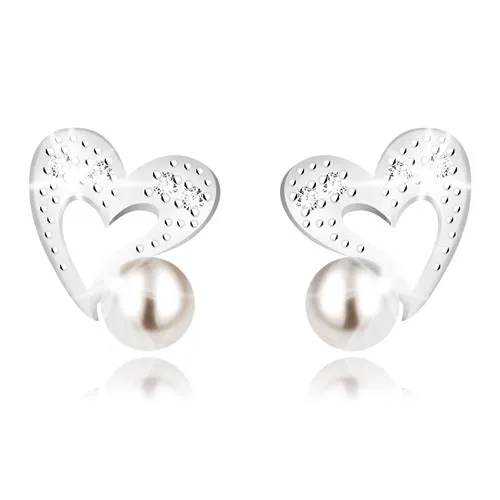 Náušnice v kombinovanom 9K zlate - srdce s nepravidelnými líniami, zirkóny, perla