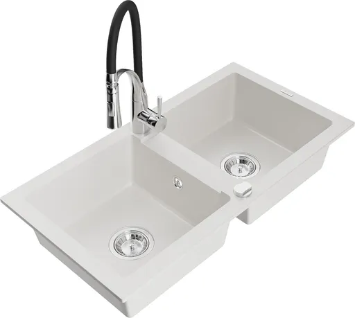 MEXEN/S MEXEN/S - Mario granitový drez 2-bowl vrátane batérie Aster, biela 6504-20-73450-07