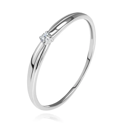 Zlatý 14K prsteň - žiarivý číry zirkón, tenké zárezy na ramenách, biele zlato - Veľkosť: 49 mm