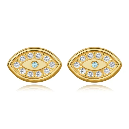 Náušnice v žltom 14K zlate - Horovo oko so syntetickým akvamarínom, zirkóny