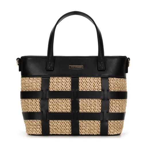 Mini kabelka z ekokože s béžovo-čiernou vrkočovou vložkou 98-4Y-406-91