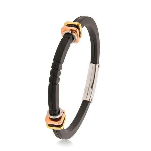 Čierny gumený náramok, ozdobné zárezy, štvorce zlatej a medenej farby