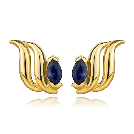 Náušnice v žltom zlate 375 - jemné vlnky, modrý zafír zrnkového tvaru