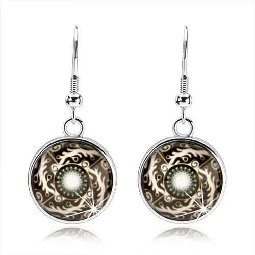 Okrúhle náušnice, biele línie zatočené do špirály, ornamenty, čierny podklad