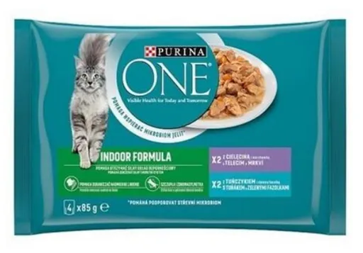 Purina One Indoor mini filetky s tuniakom a zelenými fazuľkami s teľacím a mrkvou v šťave 4 x 85 g