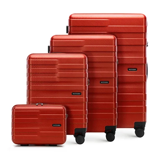 Sada kufrov z polykarbonátu s horizontálnymi pruhmi, červená 56-3P-58K-30