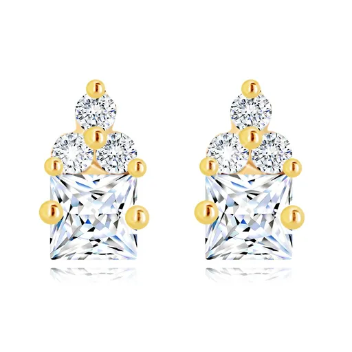 Zlaté náušnice 14K so štvorcovým zirkónom a trojicou drobných zirkónov