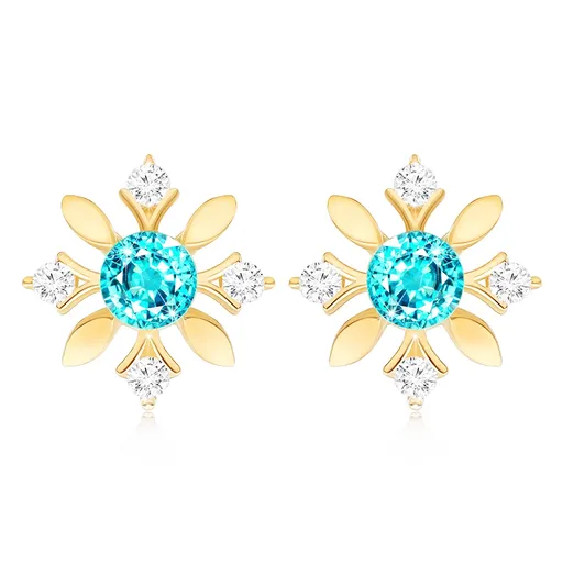 Zlaté náušnice 14K v tvare kvetu s modrým topásom a zirkónmi