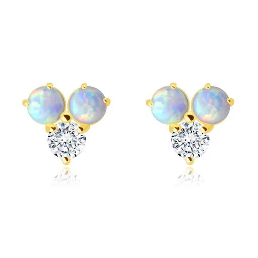 Zlaté 375 náušnice - okrúhly číry zirkón, dva biele syntetické opály s dúhovými odleskami, puzetky