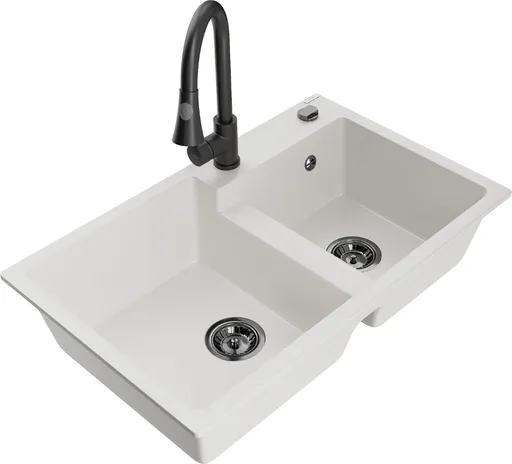 MEXEN/S MEXEN/S - Tomas granitový drez 2-bowl vrátane batérie Elia, biela 6516-20-670101-70