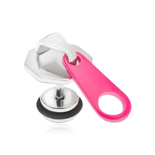 Falošný plug do ucha z ocele, zips s ružovým jazýčkom