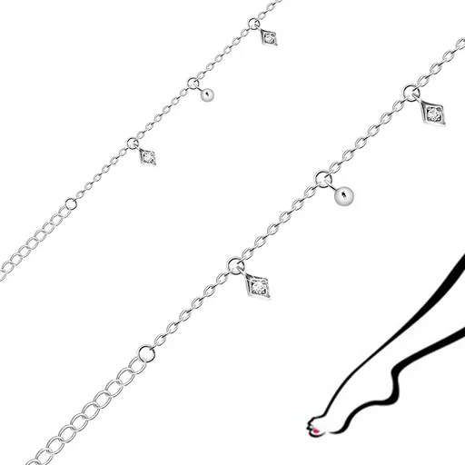 Strieborný 925 náramok na nohu - okrúhle očká, kosoštvorec, okrúhly zirkón, hladká gulička