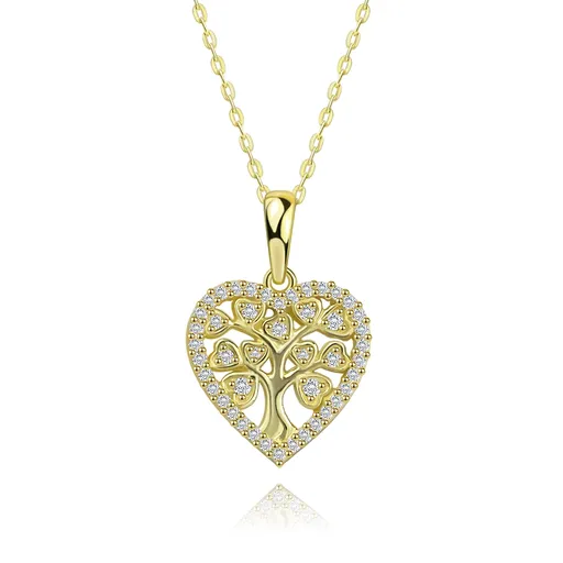 Strieborný 925 náhrdelník zlatej farby - srdce so stromom života, číre zirkóny
