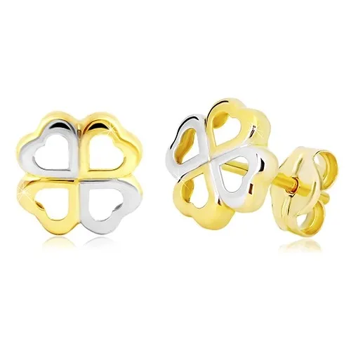 Zlaté náušnice 585 - štvorlístok pre šťastie z dvojfarebných srdiečok