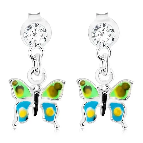 Strieborné náušnice 925, zeleno-modrá glazúra, bodkovaný motýľ, krištáľ