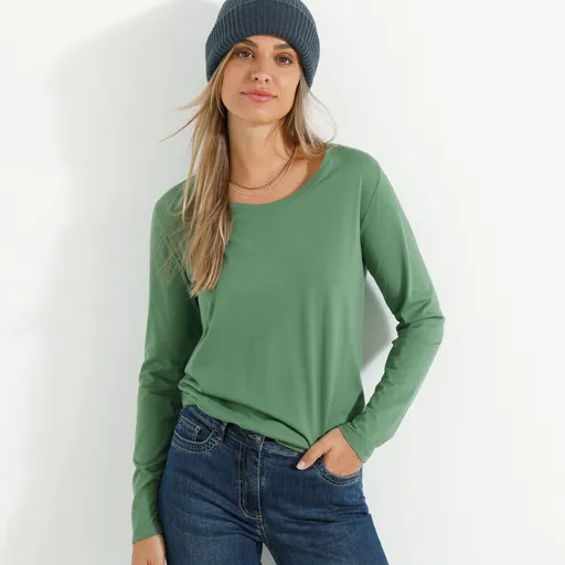 Jednofarebné tričko s okrúhlym výstrihom a dlhými rukávmi