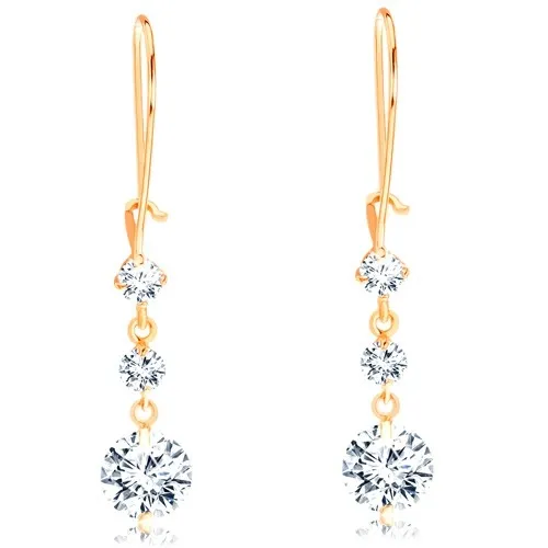 Zlaté náušnice 585 - trojica ligotavých zirkónov v čírej farbe