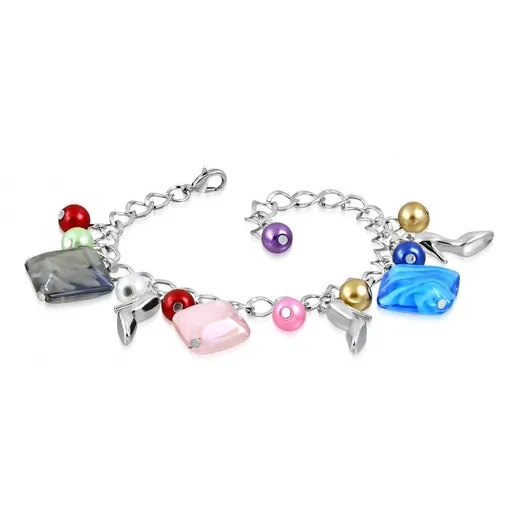 Náramok - lesklá retiazka, lodičky, farebné syntetické perličky a korálky