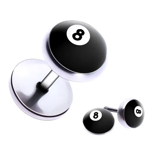 Falošný piercing do ucha z ocele - biliardová guľa číslo "8"