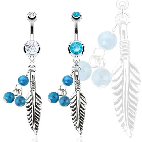 Piercing do bruška z ocele 316L - pierko s tyrkysovými guličkami - Farba zirkónu: Aqua modrá - Q