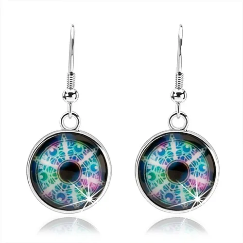 Cabochon náušnice, strieborná farba, rôznofarebný kaleidoskop, kruhy