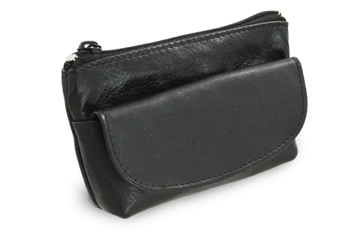 Čierna kožená kľúčenka so zipsovým a poklopovým vreckom 619-0369-60