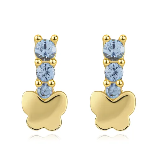 Zlaté náušnice 14K motýľ a modré zirkóny v línii