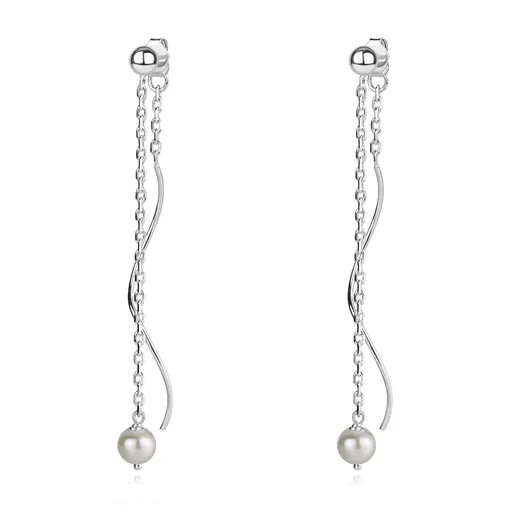 Strieborné 925 náušnice - biela sladkovodná perla na retiazke, vlnka