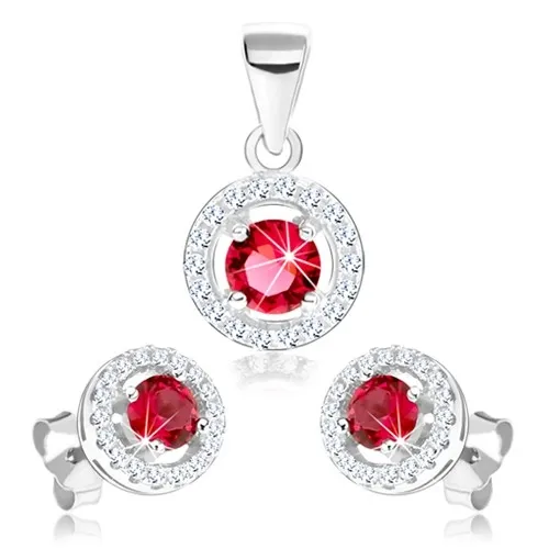 Strieborný set 925, náušnice a prívesok, trblietavý obrys kruhu, ružový zirkón