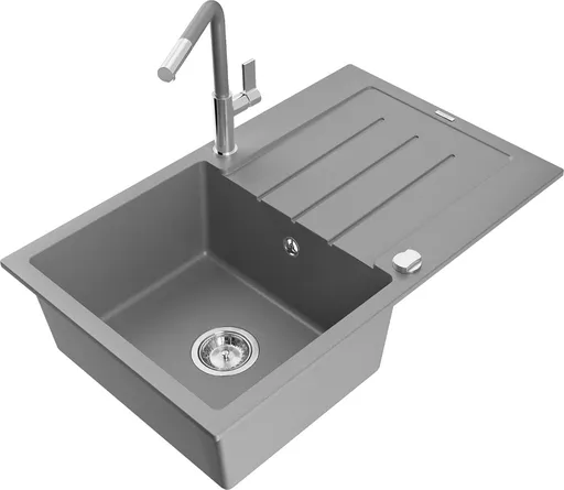 MEXEN/S MEXEN/S - Bruno granitový drez 1 s odkvapkávačom vrátane batérie Flora, šedá 6513-71-670401-06