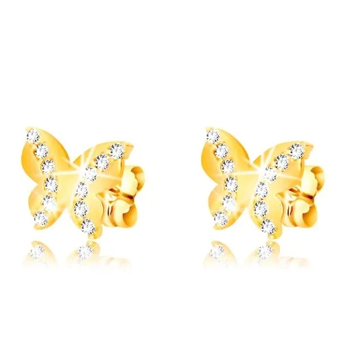 Náušnice v žltom zlate 375 - lesklý motýľ, dve zaoblené zirkónové línie, puzetky