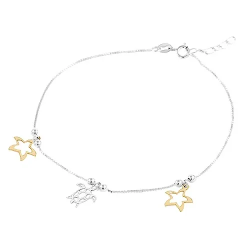 Retiazka na nohu, striebro 925, hviezdice, korytnačka a lesklé guličky