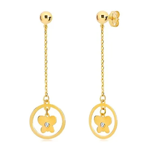 Náušnice v žltom 14K zlate - obruč s motýľom visiaca na retiazke