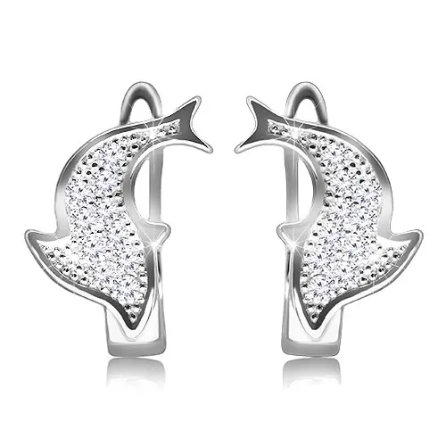 Ródiované náušnice zo striebra 925 - ligotavý delfín zdobený čírymi zirkónikmi