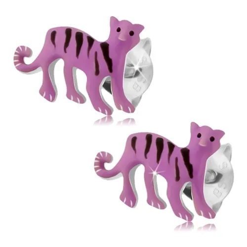 Strieborné náušnice 925, fialový tiger s čiernymi pásikmi, puzetky