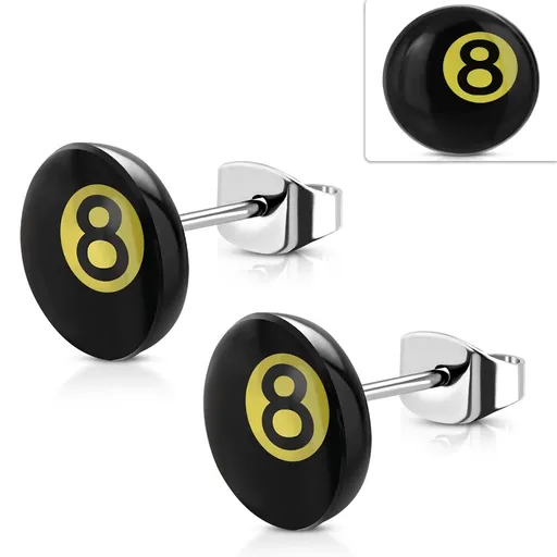 Náušnice z chirurgickej ocele, magická biliardová guľa číslo 8 - čierna a žltá farba