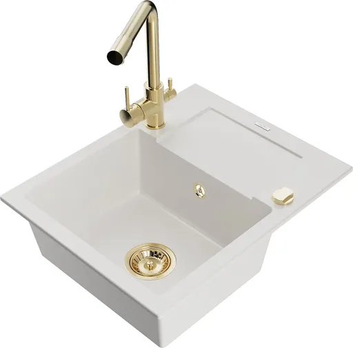 MEXEN/S MEXEN/S - Enzo granitový drez 1-miska s odkvapkávačom vrátane batérie Duero, biela 6506-20-671600-50