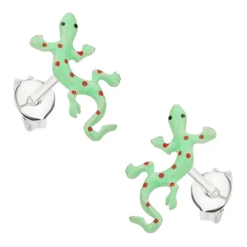 Strieborné 925 náušnice, zelená jašterička s červenými bodkami, glazúra