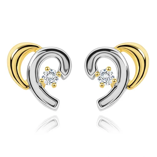 Náušnice v kombinovanom 14K zlate - rozpolené srdiečko s briliantom
