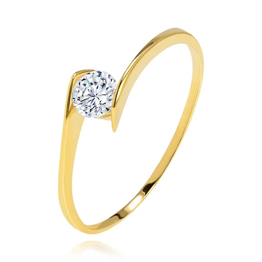 Prsteň zo žltého 14K zlata - okrúhly číry zirkón uchytený medzi koncami ramien - Veľkosť: 54 mm