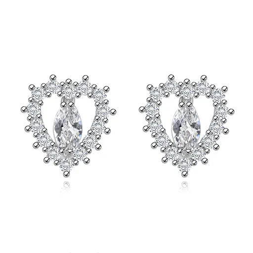 Ródiované strieborné 925 náušnice - číra kontúra srdiečka, zirkónové zrnko čírej farby