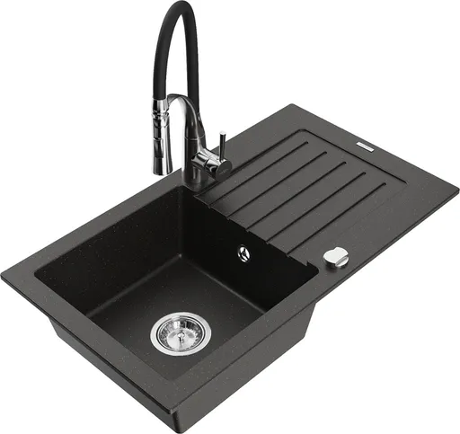 MEXEN/S MEXEN/S - Pablo granitový drez 1 s odkvapkávačom vrátane batérie Aster, čierna/zlatá metalik 6510-75-73450-07