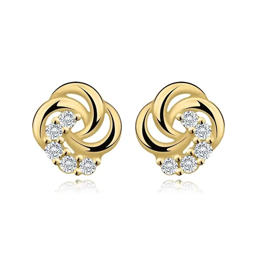 Náušnice zo žltého 585 zlata - kvietok, tri hladké a jeden zirkónový lupeň