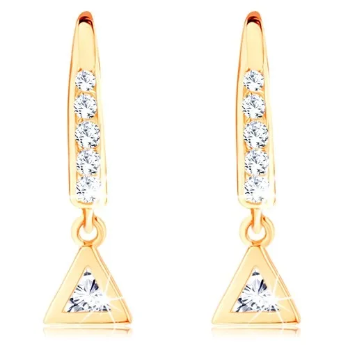 Náušnice v žltom 14K zlate - háčik vykladaný zirkónmi, trojuholník s čírym stredom