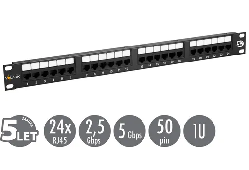 19" patch panel Solarix 24 x RJ45 CAT5E UTP 150 MHz čierny 1U SX24-5E-UTP-BK