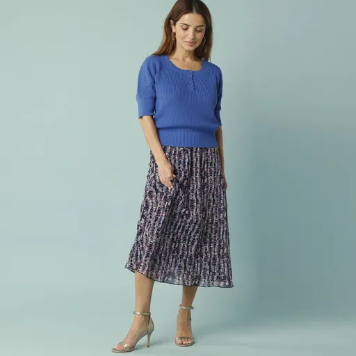 Midi rozšírená sukňa s potlačou, pre nižšiu postavu