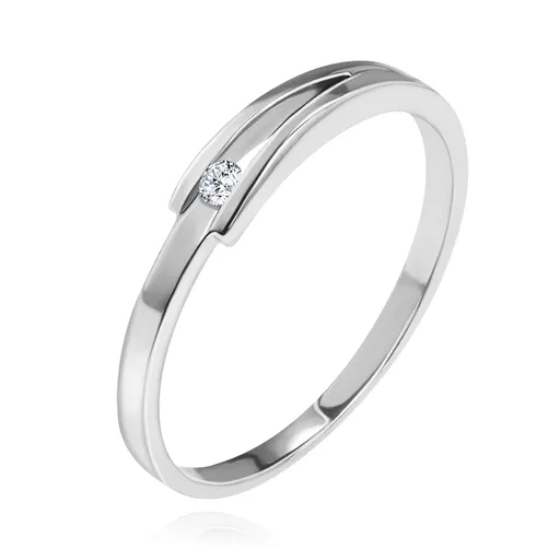 Briliantový prsteň z bieleho 14K zlata - ligotavý číry diamant, úzke rozdelené ramená - Veľkosť: 54 mm