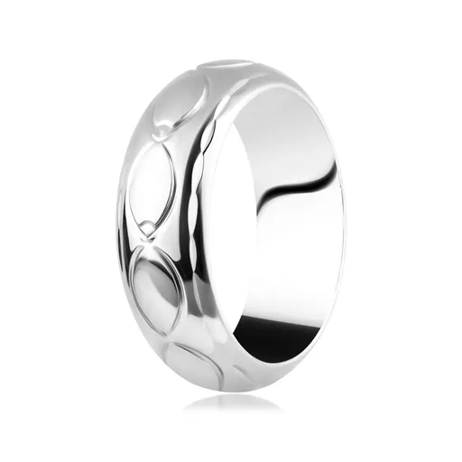 Prsteň zo striebra 925 - hrubá lesklá línia so zrnkami a kužeľmi - Veľkosť: 50 mm